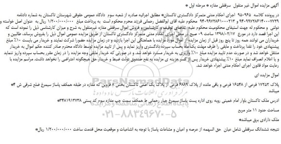 مزایده، مزایده ششدانگ سرقفلی شامل عیان حق السهمه از عرصه و اعیان و مشاعات پاساژ