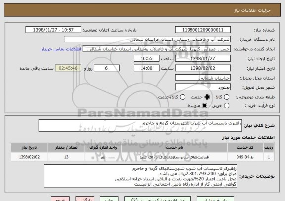 استعلام راهبری تاسیسات آب شرب شهرستان گرمه و جاجرم 