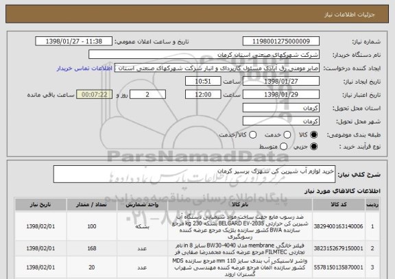 استعلام خرید لوازم آب شیرین کن شهرک برسیر کرمان