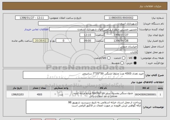 استعلام خرید تعداد 4505 عدد جدول سنگی 50*35*7 سانتیمتر