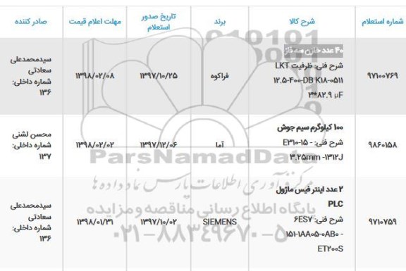 استعلام, استعلام 100 کیلوگرم سیم جوش و ... 