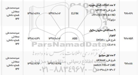 استعلام, استعلام 7 عدد کنتاکت کمکی هیبرید... 
