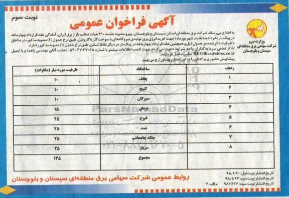 آگهی فراخوان عمومی , فراخوان خرید انرژی برق تولیدی نیروگاه های با سوخت گاز یا گازوئیل نوبت سوم 