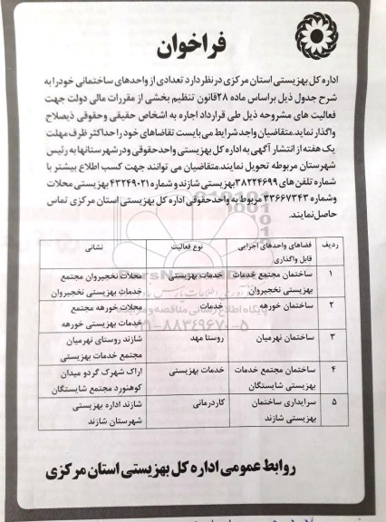 فراخوان , فراخوان اجاره تعدادی از واحدهای ساختمانی