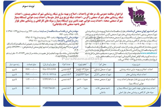 فراخوان مناقصه عمومی , فراخوان مناقصه احداث، اصلاح و بهینه سازی شبکه روشنایی شهرک صنعتی...  نوبت سوم