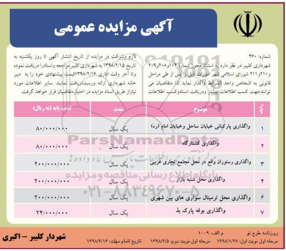 مزایده ,مزایده واگذاری پارکبانی خیابان ...