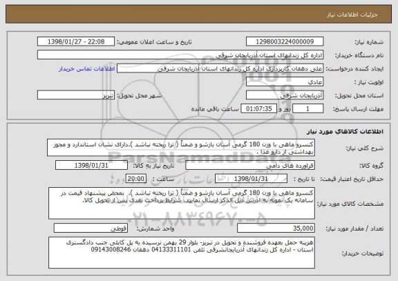 استعلام کنسرو ماهی با وزن 180 گرمی آسان بازشو و ضمناً ( ترا ریخته نباشد ).دارای نشان استاندارد و مجوز بهداشتی از دارو غذا .