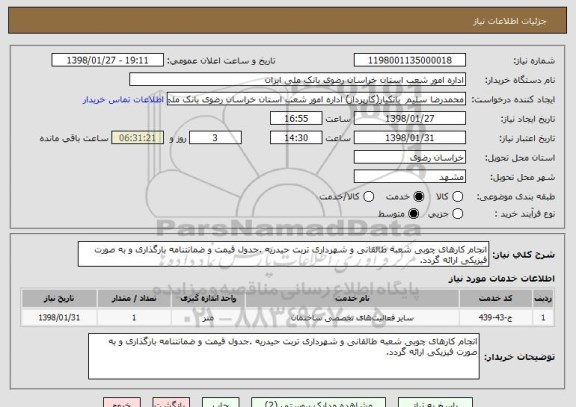 استعلام انجام کارهای چوبی شعبه طالقانی و شهرداری تربت حیدریه .جدول قیمت و ضمانتنامه بارگذاری و به صورت فیزیکی ارائه گردد.