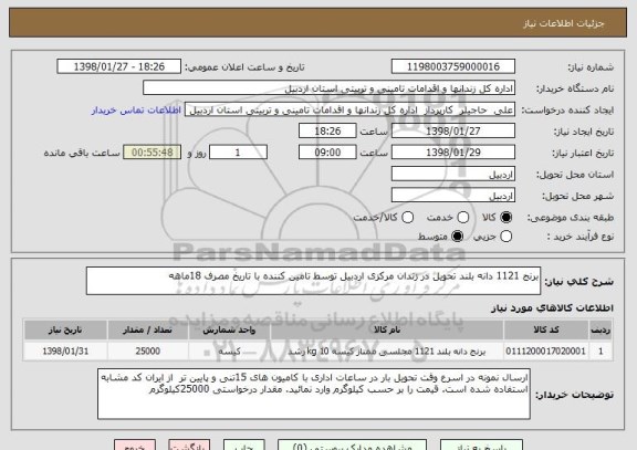 استعلام برنج 1121 دانه بلند تحویل در زندان مرکزی اردبیل توسط تامین کننده با تاریخ مصرف 18ماهه 