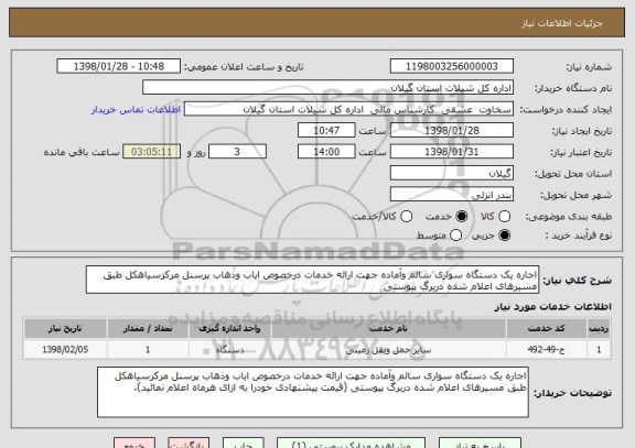 استعلام اجاره یک دستگاه سواری سالم وآماده جهت ارائه خدمات درخصوص ایاب وذهاب پرسنل مرکزسیاهکل طبق مسیرهای اعلام شده دربرگ پیوستی 