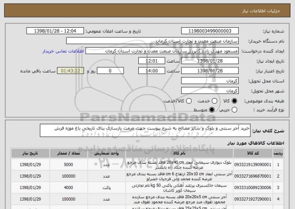 استعلام خرید آجر سنتی و بلوک و سایر مصالح به شرح پیوست جهت مرمت بازسازی بنای تاریخی باغ موزه فرش