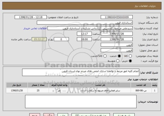 استعلام انجام کلیه امور مرتبط با توانمند سازی انجمن های مردم نهاد استان قزوین