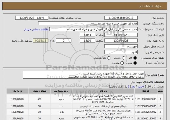 استعلام هزینه حمل و نقل و ارسال کالا بعهده تامین کننده است . 
درصورت لحاظ نمودن ارزش افزوده ارائه گواهی ارزش افزوده الزامیست.