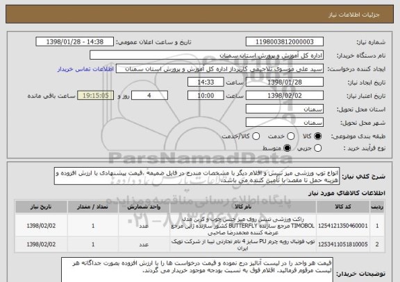 استعلام انواع توپ ورزشی میز تنیس و اقلام دیگر با مشخصات مندرج در فایل ضمیمه ،قیمت پیشنهادی با ارزش افزوده و هزینه حمل تا مقصد با تأمین کننده می باشد.