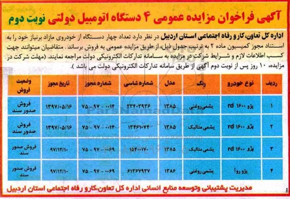 فراخوان ، فراخوان مزایده عمومی 4 دستگاه اتومبیل - نوبت دوم