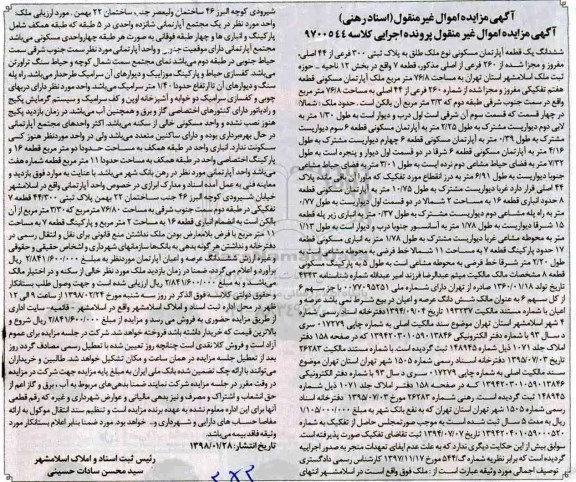 مزایده مزایده ششدانگ یک قطعه آپارتمان 300 فرعی