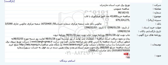 مناقصه ، مناقصه فیوز مینیاتوری با قاب 