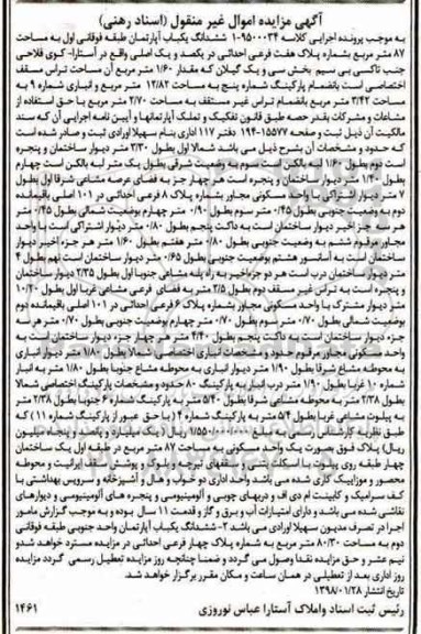 مزایده مزایده ششدانگ یکباب آپارتمان 87 مترمربع