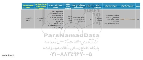 مناقصه خدمات تعمیر و نگهداری تاسیسات ساختمانها و طبخ غذا