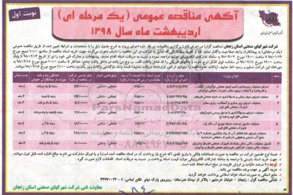 مناقصه عمومی, مناقصه اجرای عملیات زیرسازی شهرک های صنعتی .... 
