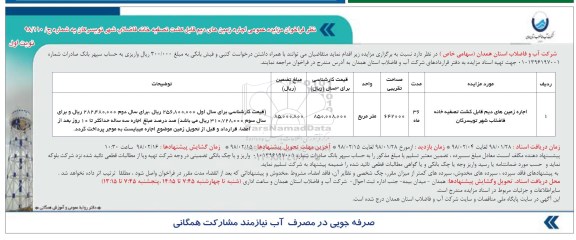 مزایده , مزایده عمومی اجاره زمین های دیم قابل کشت تصفیه خانه فاضلاب