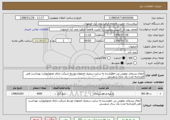 استعلام انتقال پسماند عفونی بی خطرشده به سایت سجزی اصفهان توسط شرکت دارای مجوزازوزارت بهداشت طی قراردادبه مدت یک سال شمسی