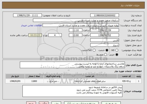 استعلام نقاشی ساختمانهای اداره با توجه به لیست پیوستی
سقف رنگ پلاستیک - دیوار و درب و پنجره روغنی