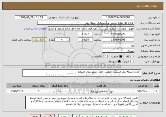استعلام احداث شبکه برق ایستگاه شهید رجائی شهرستان اشکذر