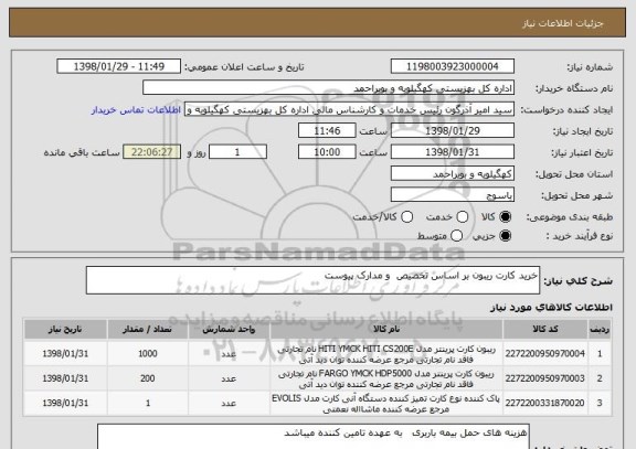 استعلام خرید کارت ریبون بر اساس تخصیص  و مدارک پیوست