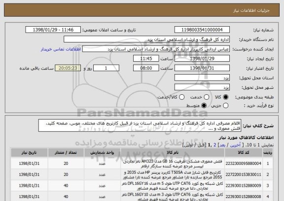 استعلام اقلام مصرفی اداره کل فرهنگ و ارشاد اسلامی استان یزد از قبیل کارتریج های مختلف، موس، صفحه کلید، فلش مموری و ...