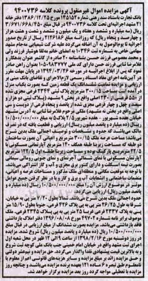 مزایده، مزایده ششدانگ یک قطعه زمین 300.15 متر