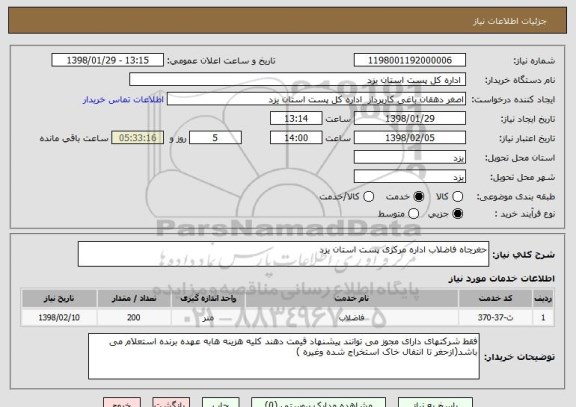 استعلام حغرچاه فاضلاب اداره مرکزی پست استان یزد