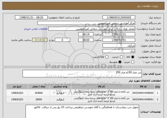 استعلام بتن عیار 150و عیار 350