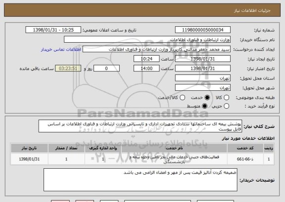 استعلام پوشش بیمه ای ساختمانها ستادی تجهیزات اداری و تایسیاتی وزارت ارتباطات و فناوری اطلاعات بر اساس فایل پیوست 