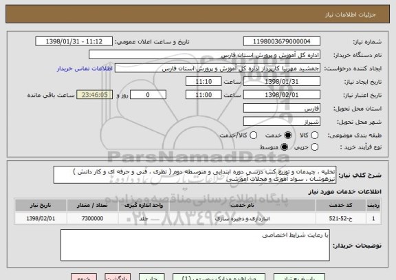 استعلام تخلیه ، چیدمان و توزیع کتب درسی دوره ابتدایی و متوسطه دوم ( نظری ، فنی و حرفه ای و کار دانش ) تیزهوشان ، سواد آموزی و مجلات آموزشی 