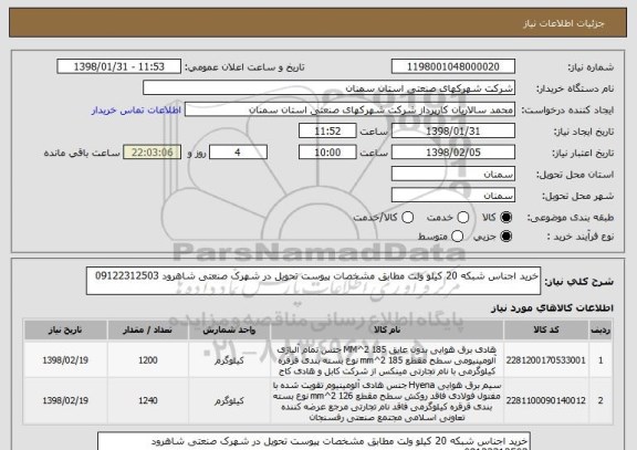 استعلام خرید اجناس شبکه 20 کیلو ولت مطابق مشخصات پیوست تحویل در شهرک صنعتی شاهرود 09122312503