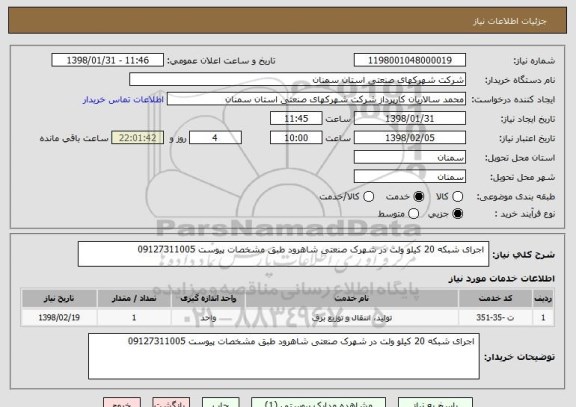 استعلام  اجرای شبکه 20 کیلو ولت در شهرک صنعتی شاهرود طبق مشخصات پیوست 09127311005