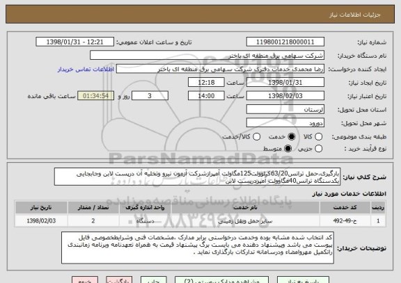استعلام بارگیری،حمل ترانس63/20کیلوولت125مگاولت آمپرازشرکت آزمون نیرو وتخلیه آن درپست لابن وجابجایی یکدستگاه ترانس40مگاوولت آمپردرپست لابن  