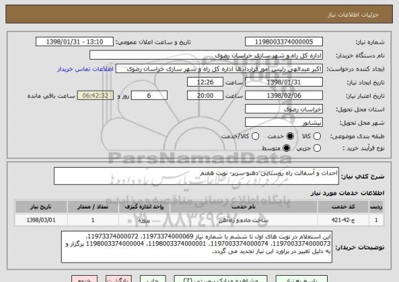 استعلام احداث و آسفالت راه روستایی دهنو-سربر- نوبت هفتم