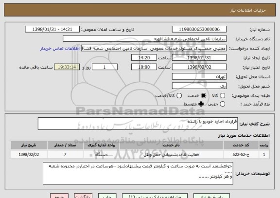 استعلام قرارداد اجاره خودرو با راننده 