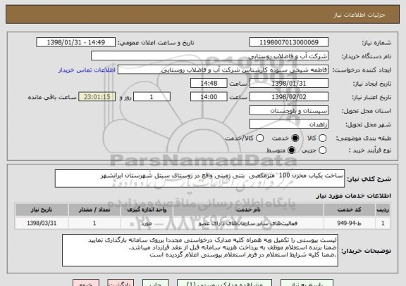 استعلام ساخت یکیاب مخزن 100  مترمکعبی  بتنی زمینی واقع در روستای سیتل شهرستان ایرانشهر  
