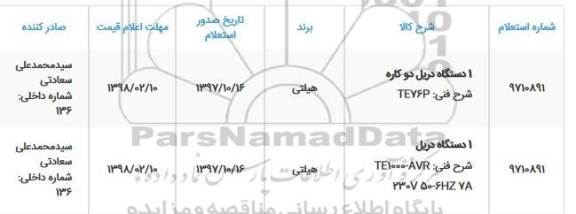 استعلام, استعلام 1 دستگاه دریل دو کاره و ...