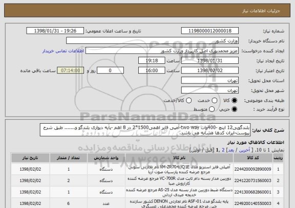 استعلام بلندگویی12 اینچ -400وات two way-آمپی فایر اهمی1500*2 در 8 اهم -پایه دیواری بلندگو و....... طبق شرح پیوست-ایران کدها مشابه می باشد.