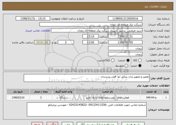 استعلام تعمیر و تجهیز ثبات پرتابل دو  فیدر پردیسان 