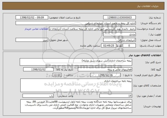 استعلام بیمه ساختمان اداری(آتش سوزی،سیل وزلزله)