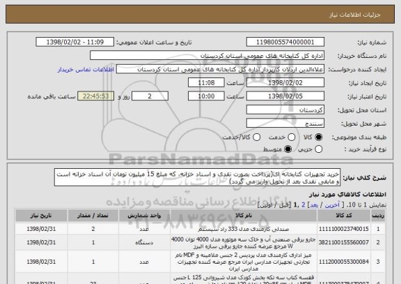 استعلام خرید تجهیزات کتابخانه ای(پرداخت بصورت نقدی و اسناد خزانه، که مبلغ 15 میلیون تومان آن اسناد خزانه است و مابقی نقدی بعد از تحویل واریز می گردد)