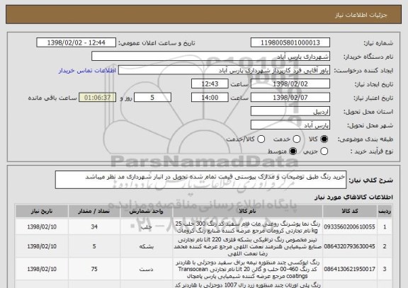 استعلام خرید رنگ طبق توضیحات و مدارک پیوستی قیمت تمام شده تحویل در انبار شهرداری مد نظر میباشد