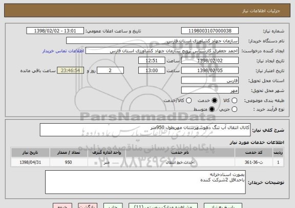 استعلام کانال انتقال آب تنگ دهوشهرستان مهربطول 950متر