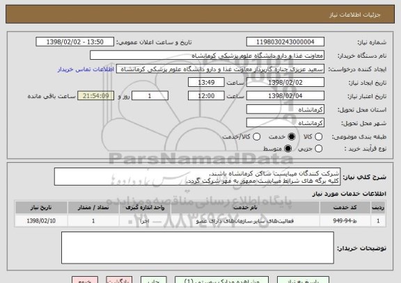 استعلام شرکت کنندگان میبایست ساکن کرمانشاه باشند.
کلیه برگه های شرایط میبایست ممهور به مهر شرکت گردد.