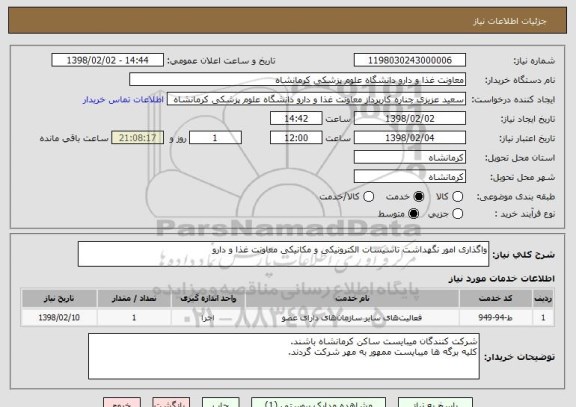 استعلام واگذاری امور نگهداشت تاسیسات الکترونیکی و مکانیکی معاونت غذا و دارو 